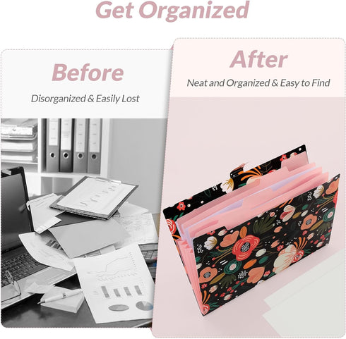 SKYDUE Expanding File Folder - Black - 5 Pockets Floral Accordion File Organizer for Important Documents