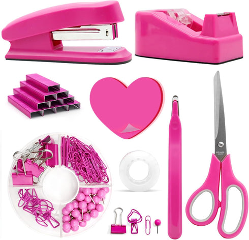 UPIHO Hot Pink Office Supplies Set, Stapler and Tape Dispenser with Clips, Scissors, and Sticky Notes