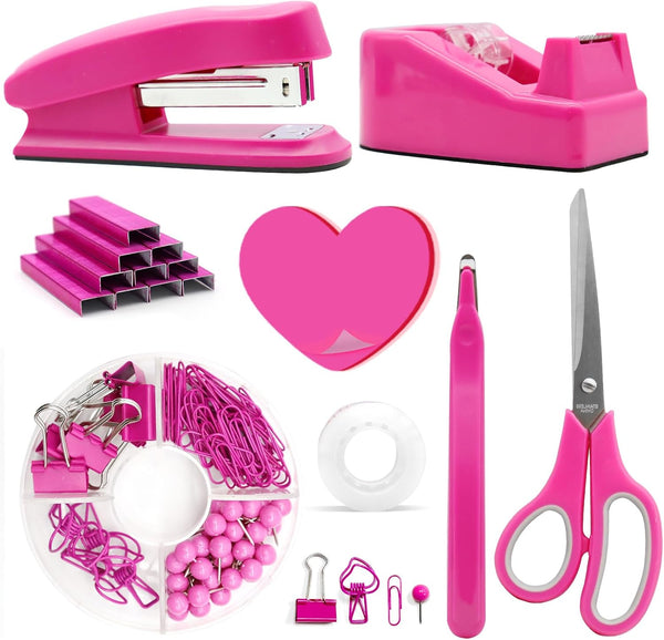 UPIHO Hot Pink Office Supplies Set, Stapler and Tape Dispenser with Clips, Scissors, and Sticky Notes