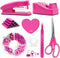 UPIHO Hot Pink Office Supplies Set, Stapler and Tape Dispenser with Clips, Scissors, and Sticky Notes