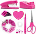 UPIHO Hot Pink Office Supplies Set, Stapler and Tape Dispenser with Clips, Scissors, and Sticky Notes