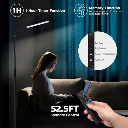 15W 1H 3000K-6000K Dimunt LED Floor Lamp, Bright Floor Lamps for Living Room with Timer, Stepless Adjustable Colors