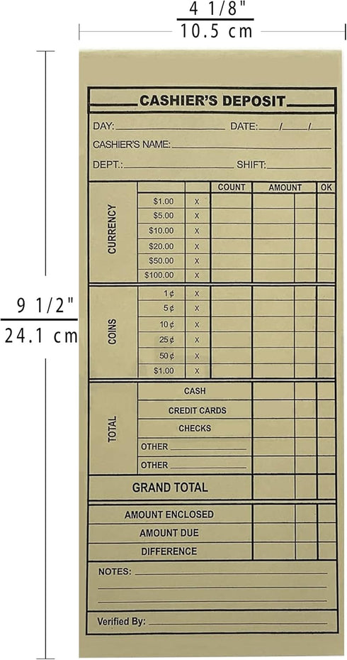 Cashier's Deposit Report Envelopes for Stores, Banks, and Retail Businesses (500)