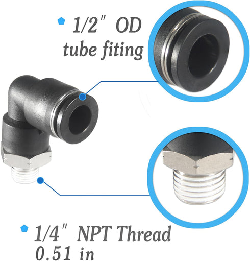 PNEUMATIC Elbow and Straight Combination Push to Connect Fittings, 1/2 Inch Tube OD x 1/4 NPT Thread (Pack of 12)