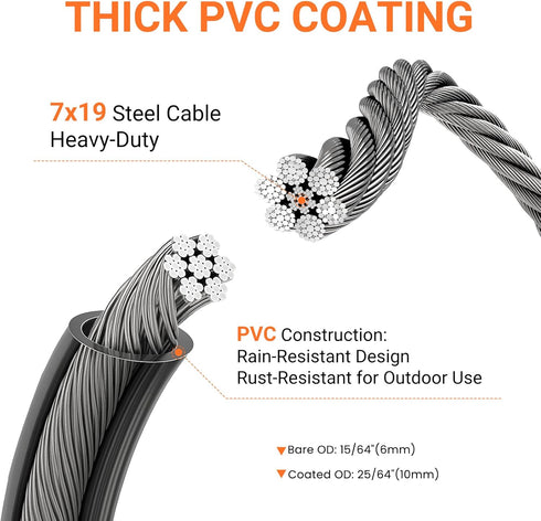 J-TECH DYNAMICS 12MM 4FT 7FT 10FT 15FT 25FT 30FT 10FT) Security Cable with Loops, Heavy Duty Lock Cable, Vinyl Coated