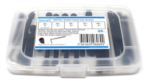 iexcell 25 Pcs M5 x 40/45/50/55/60 Alloy Steel 12.9 Grade Hex Socket Head Cap Screws Bolts Assortment Kit (Black Oxide