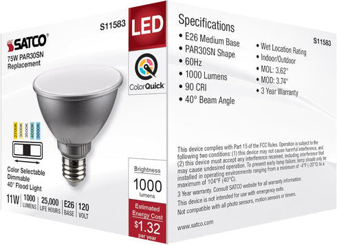 Satco S11583; 11 PAR30SN 120 40 11PAR30SN/LED/5CCT/FL/120V Commercial (2 Bulbs) Watt LED; Medium Base; Silver Finish;