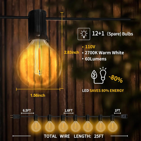 G40 Bulbs (25ft 14 Bulbs) GvvooHome Outdoor String Lights, LED Patio Hanging Lights with Waterproof Globe Plastic