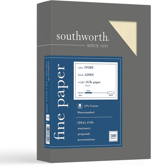 Southworth 564C 25% Cotton Linen Business Paper Ivory 24 lbs. 8-1/2 x