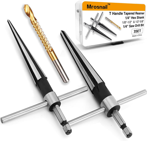 Tapered Reamer Set with T Handle, 3-13mm & 5-16mm, 6 Fluted Carbon Steel Hex Shank for Guitar Woodworking, 2pcs