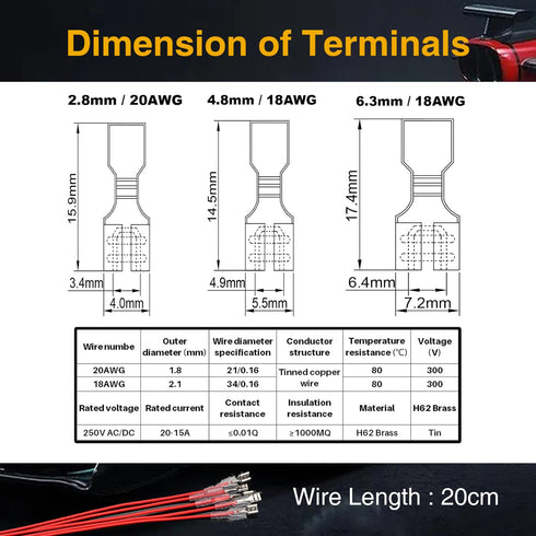 30Pcs Female Spade Crimp Terminals, 2.8mm/4.8mm/6.3mm, Red/Black 18AWG Wires for Automotive and Electrical Use