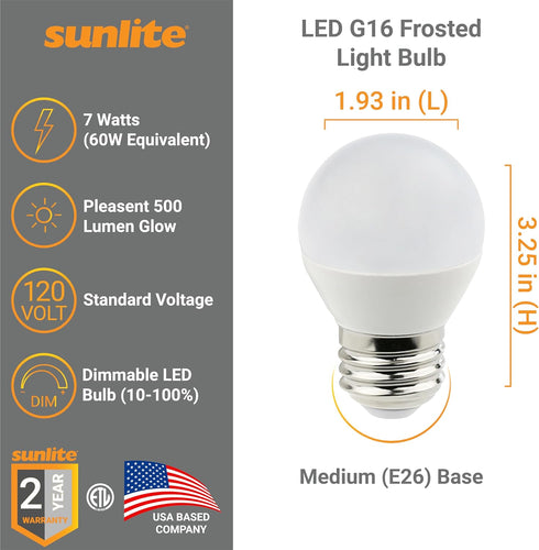 Sunlite G16 LED Dimmable Decorative Globe Vanity Light Bulbs, Frosted, 7W (60W Equiv.), 500 Lumens, Medium E26 Base, Mirror Lights for Bedroom and Bathroom, 120V, ETL Listed, 4000K Cool White, 6 Pack by Sunlite