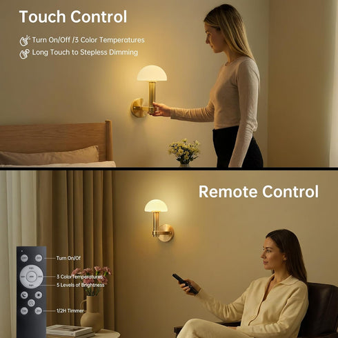 Set 2, 5000mAh 2 Dimmable Bulbs 3 Battery Operated Wall Sconce of Rechargeable Wireless Wall Lights with and Remote