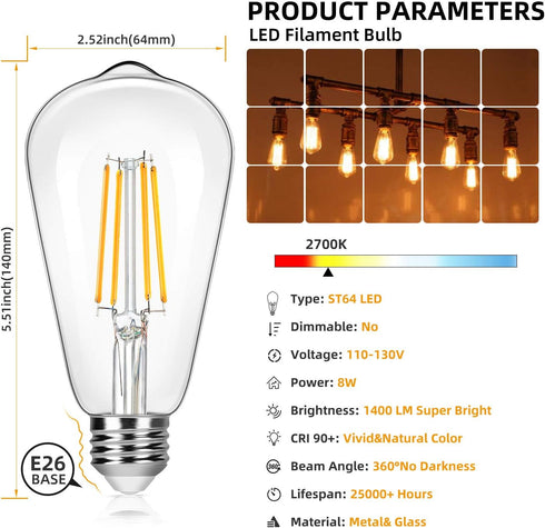 4-Pack Vintage 8W ST64 LED Edison Light Bulbs 100W Equivalent, 1400Lumens, 2700K Warm White, E26 Base LED Filament Bulbs, CRI 90+, Antique Glass Style Great for Home, Bedroom, Office, Non-Dimmable by Brightever