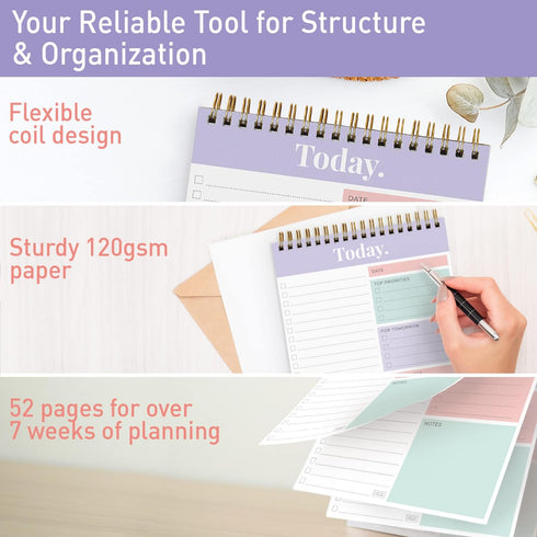 S&O Daily Planner Notepad for Productivity, 52 Page Undated To Do List Organizer - MAUVE