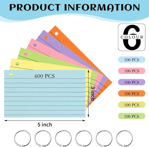 600PCS Cards,3x5 Inches Lovppy Index Colored Flash Cards with Ring, Punched Lined Flashcards Ruled Index Cards