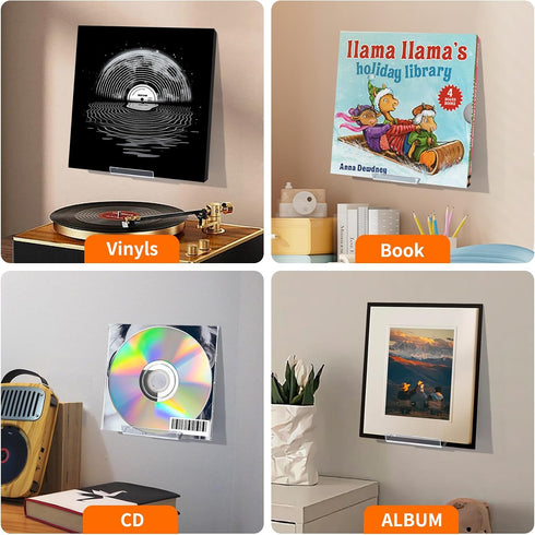 6Pcs Album Vinyl Record Display Shelf Wall Mount No Drill, Self Adhesive Clear Acrylic Holder, Invisible Floating