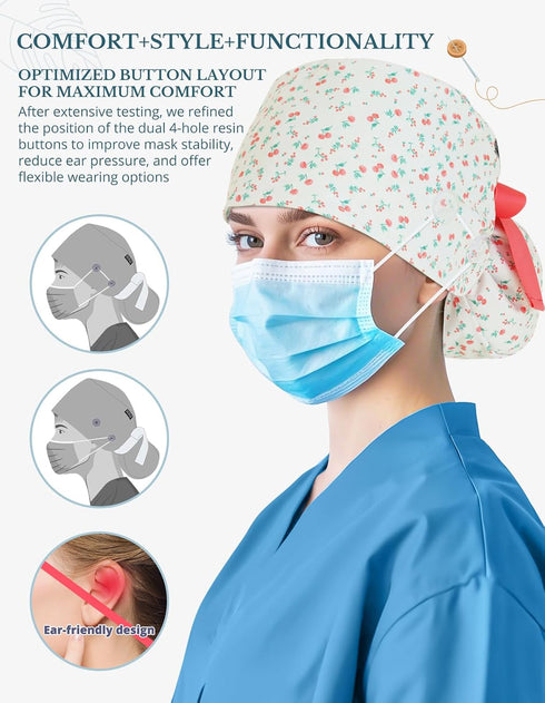 Scrub Caps Women Ponytail Light Beige Cherry Double-Sided Printed Surgical Hat with Buttons and Sweatband, Soft Nurse