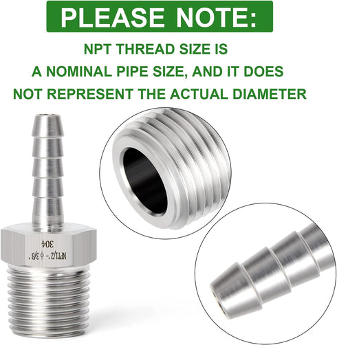 TAISHER 5PCS Forging 304 Stainless Steel Air Hose Fittings, Hose Barb Fittings 3/8" Barb x 1/2" MNPT Pipe Adapter