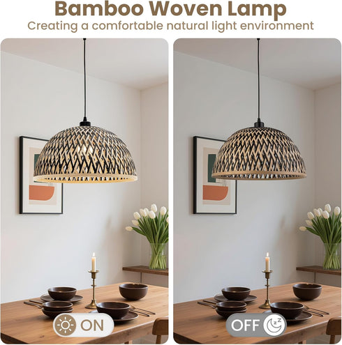 9.84 inch Bamboo Pendant Light Fixture, One-Light Adjustable Boho Handmade Woven Pendant Lighting for Kitchen Island