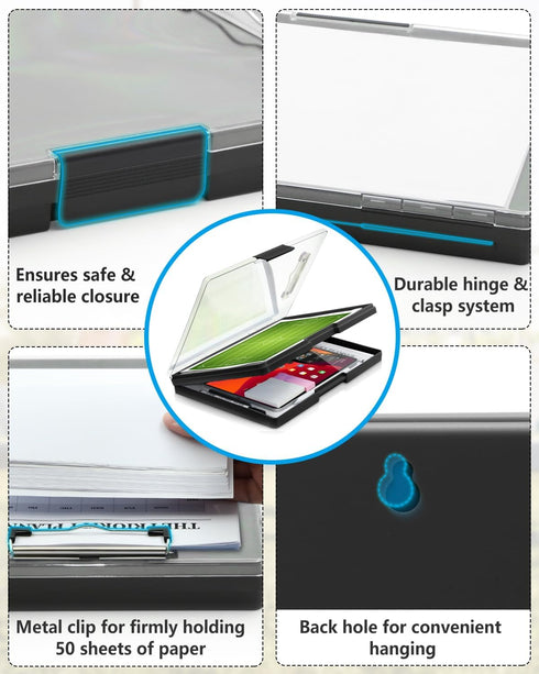 Clearview Clipboard with 2 Storage, Heavy Duty 8.5x11 Dry Erase ClipBoards with Pen Holder - Black