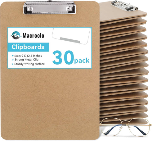 Wood Clipboards 30 Pack, Letter Size Hardboard Clip Board 8.5x11 for Classroom, Office Supply, and Students