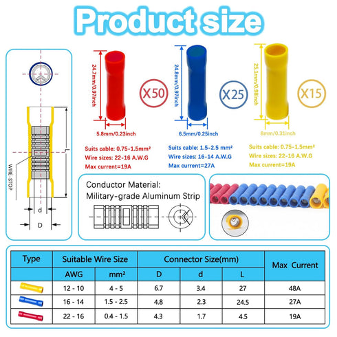 90 22-10 22,20,18,16,14,12,10 Pcs Butt Splice Connectors Kit AWG Electrical Crimp Terminal Connector Kits Assorted Butt