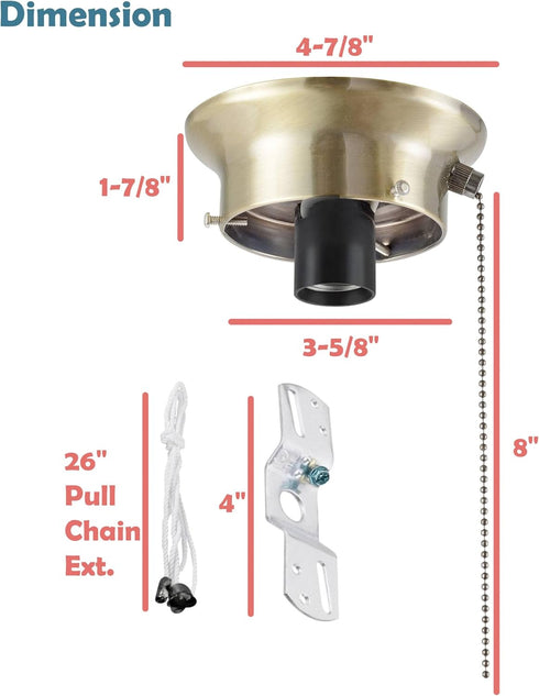 Aspen Creative 22101-07-1 Flush Mount Ceiling Fixture Shade Holder Kit with On/Off Pull Chain in Antique Brass