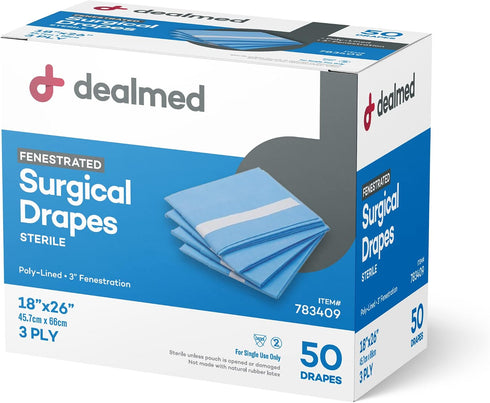 50 Count 3-Ply 3" 18" 26" Dealmed Fenestrated Sheets Poly-Lined Drape Sheets with Fenestration, White Material, Perfect
