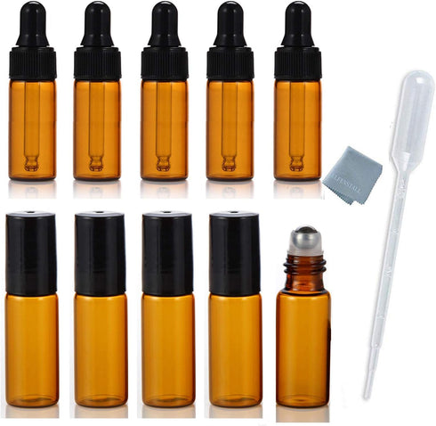 10pcs 5ml Amber Mini Glass Bottle Sample Vial with Glass Eye Dropper + Roller, 1pc Clean Cloth + 1pc 3ml Dropper