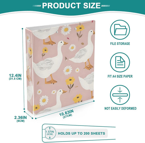 Cute Goose 3 Ring Binder on Pink Girly Background, 1.5 Inch Round Rings, Holds 200 Sheets, Anti-Slip Metal Clip