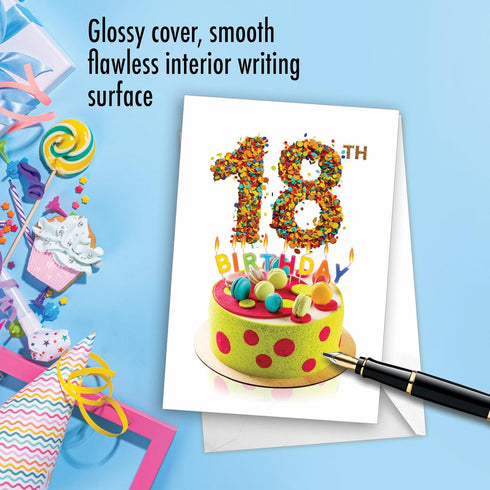 The Best Card Company - 18th Happy Birthday Greeting Card for Milestone Celebration, 18 Years Old, Cake Congrats