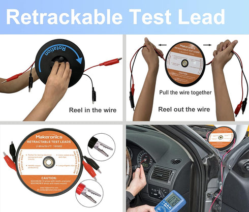 Makeronics 30FT 18AWG Retractable Test Leads with Dual Ended Alligator Clips for Electrical Testing and Troubleshooting