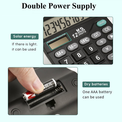 M&G 12 Digit Desk Calculator with Large LCD Display, Dual Solar Power and Battery, Big Button for Office (Black)