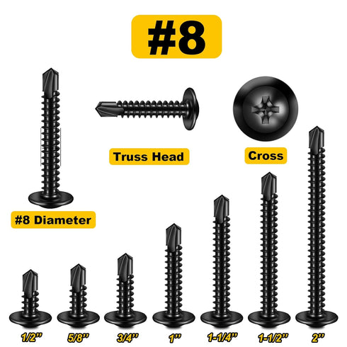 (650Pcs) #8×1" Black Self Tapping Screws, 410 Black Metal Screws, Oxide Stainless Steel Truss Head Self Drilling