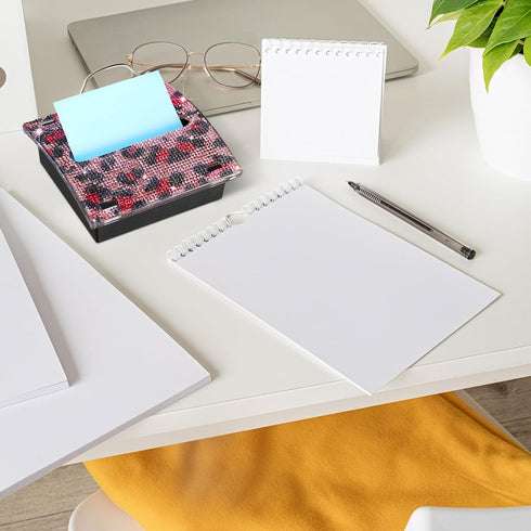 Rhinestone Self Stick Note Dispenser - 4 x 4 Inches Pop Up Note Pad Holder with Leopard Print for Office Home Desk