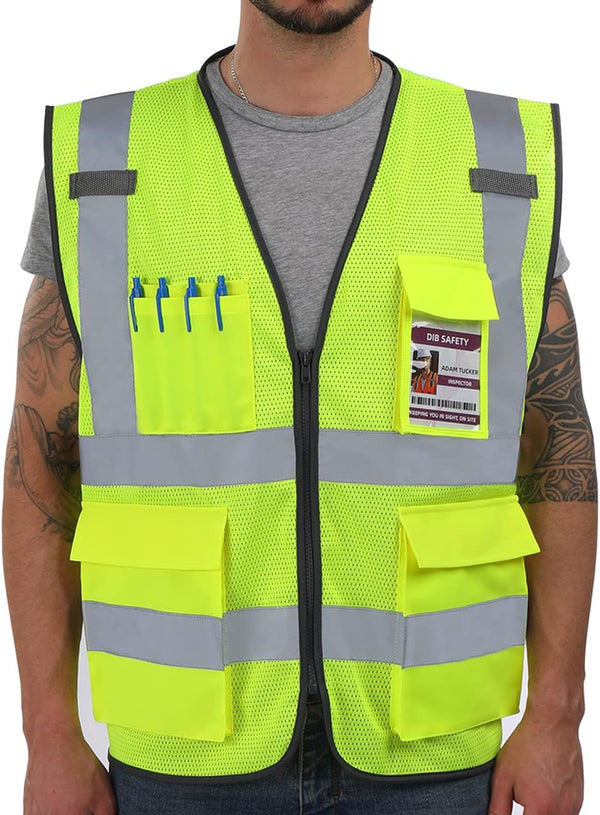 Reflective Mesh Vest, High Visibility with Pockets and Zipper, Construction Work ANSI Class 2 Yellow