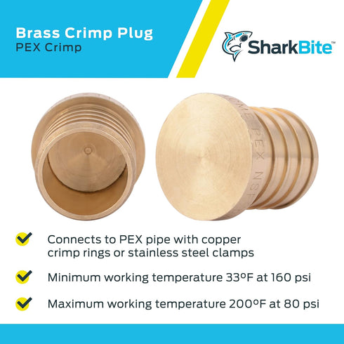 SharkBite 1 Inch Crimp Plug, Pack of 10, Brass Plumbing Fitting for PEX Pipe