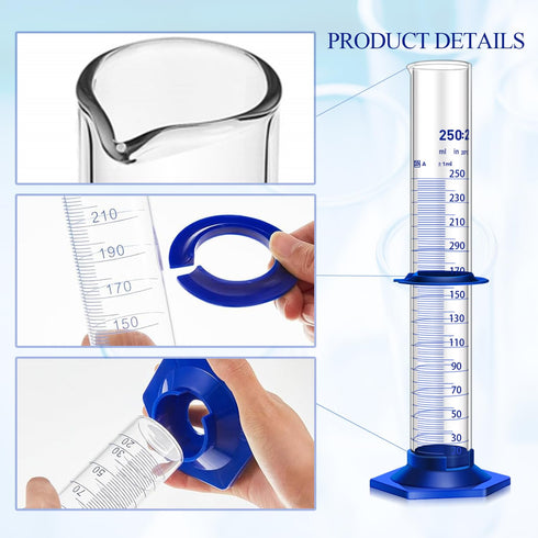Thick Glass Graduated Cylinder 250ML with Anti-Falling Plastic Base, Bumper Guards, and Glass Dropper for Measuring