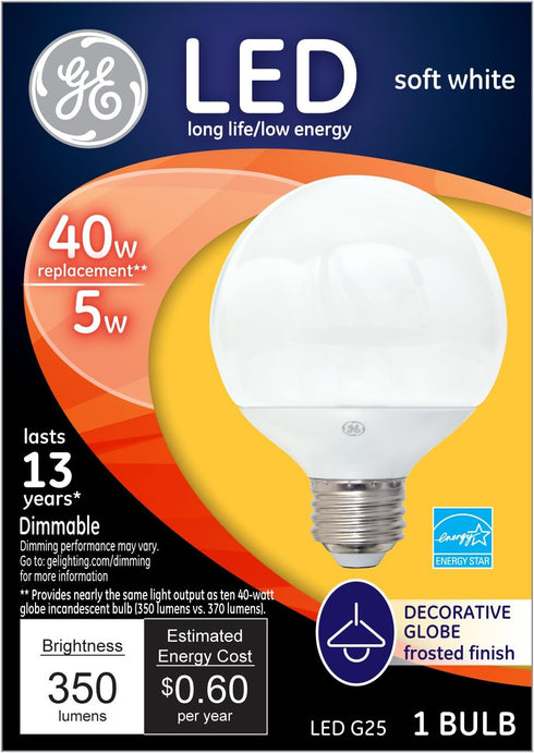 37906 G25 Bulb 5-Watt, 1-Pack GE Lighting LED Decorative with Candelabra Base, Soft White