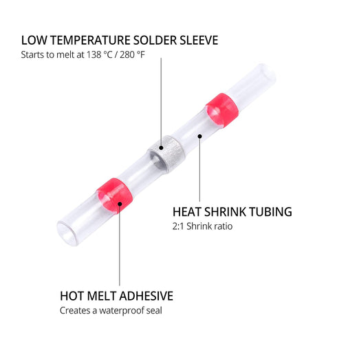 Wirefy 150 PCS Solder Seal Wire Connectors, Heat Shrink Solder Butt Connectors, Waterproof Solder Sleeves, Red 22-18 AWG
