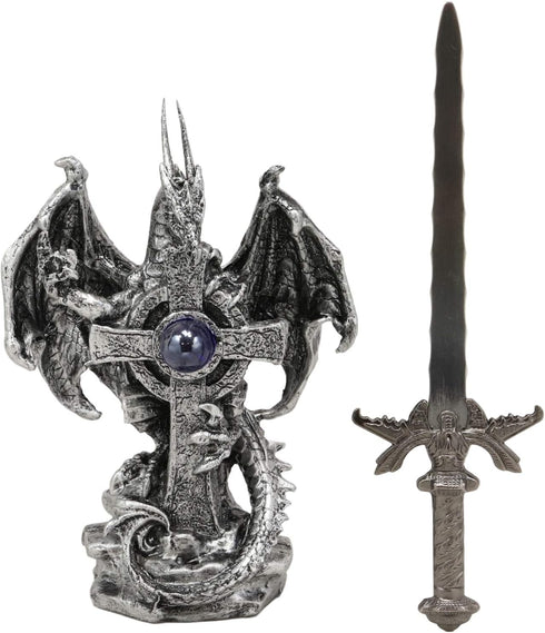 Ebros Gift Legendary Silver Dragon Guardian of The Celtic High Cross Letter Opener Figurine Sculpture