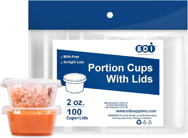EDI Clear Disposable Plastic Portion Cups with Leakproof Lids, 2 Oz, 100 Sets, BPA Free, Recyclable Jello & Dipping
