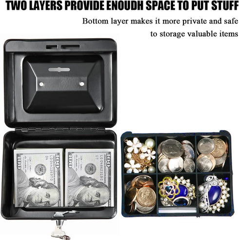 Jssmst Small Lock Cash Box with Money Tray, Metal Lock Box for Kids, Black, 5.91 x 4.72 x 2.95 inches