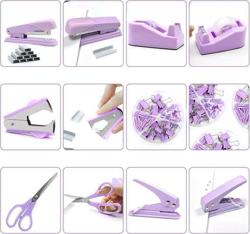 Sportsvoutdoors Purple Desk Accessories Set - Stapler and Tape Dispenser Kit, Gift for Students, Women, Boss Lady,