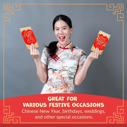 Chinese New Year Red Envelopes - 24-Count, Hong Bao with Gold and Red Foil Design, Gift Money Envelopes, 4 Designs.