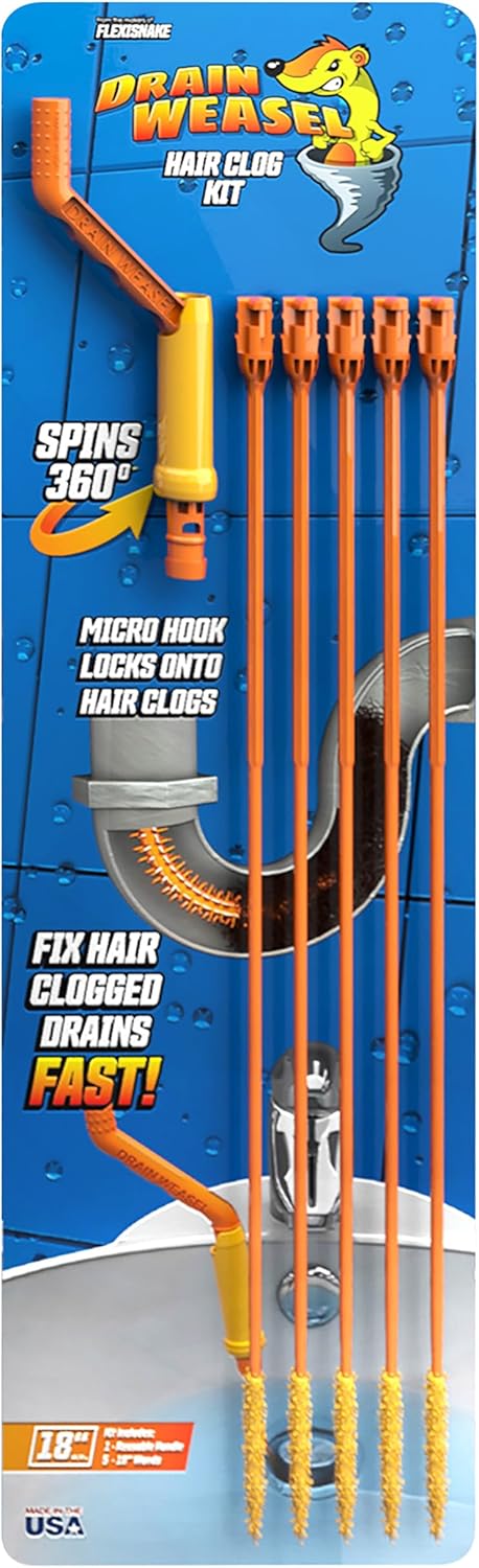 FlexiSnake Drain Weasel Sink Snake Hair Clog Remover Tool, 18-inch, 5 Wands, Removable Handle, USA Made
