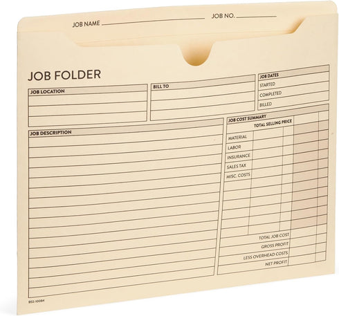 Blue Summit Job Folders, 10 x 12 Inches, Preprinted for Job Tracking, Manila Cardstock, 100 Folders