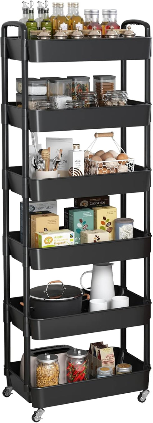 Sywhitta 6-Tier Plastic Rolling Utility Cart with Handle, Multi-Functional Storage Trolley for Office, Living Room,