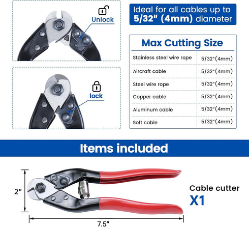 Upgraded Version Muzata Wire Cutters Heavy Duty Cable Cutters Steel Wire Rope Up to 5/32" Stainless Steel Deck Stair Railing Aircraft Strong Thick Seal Metal Fence Bike Bicycle Brake Cutter CT15,CT1